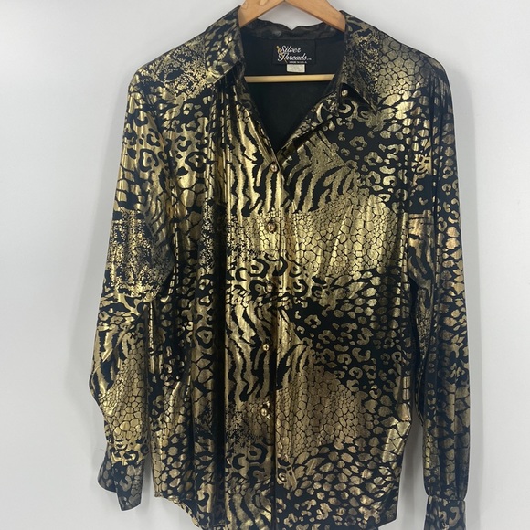 Vintage Silver Threads black and gold gothic   metallic silky button down shirt - Picture 10 of 10